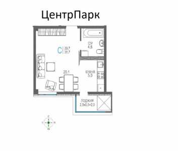 1-к квартира, 33 м2, 6/9 эт. ЦентрПарк