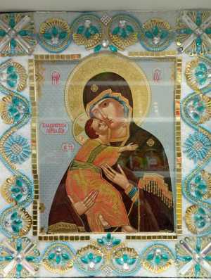 Освящённая Икона Божией Матери, вышитая бисером вручную
