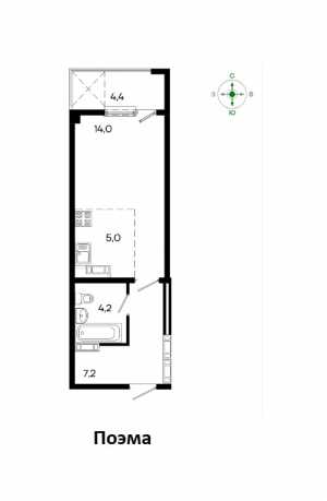 1-к квартира, 34 м2, 7/16 эт. Поэма