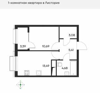 1-к квартира, 40, 74 м2, 2/4 эт. Листория