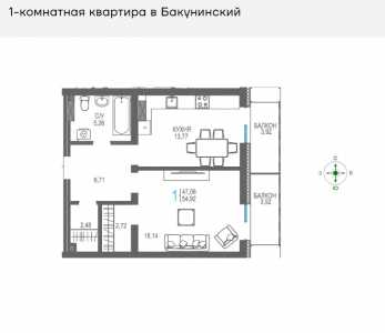 1-к квартира, 54 м2, 5/16 эт. Бакунинский