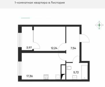 1-к квартира, 46 м2, 1/4 эт.