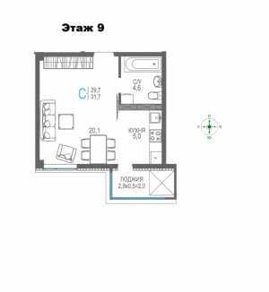 1-к квартира, 33 м2, 9/9 эт. ЦентрПарк